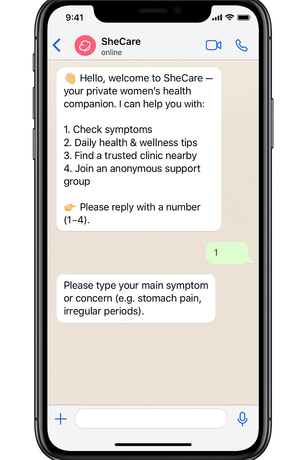 SheCare AI chat conversation mockup